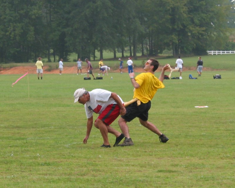 Stu ducks out of the way of Jason's accuracy toss